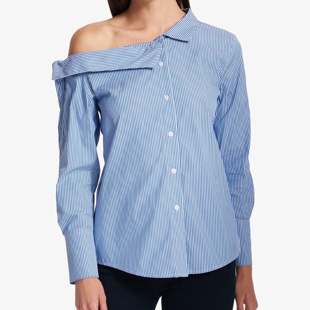 DKNY Blue Striped One-Shoulder Button Down‎ Shirt Large Modern Minimalist